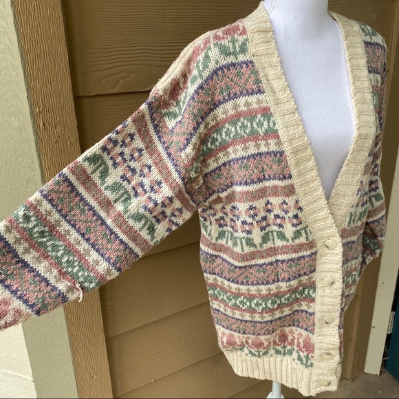 VTG Liz Sport Cream Pink & Light Green Chunky Button Up Cardigan Sweater - Picture 11 of 15
